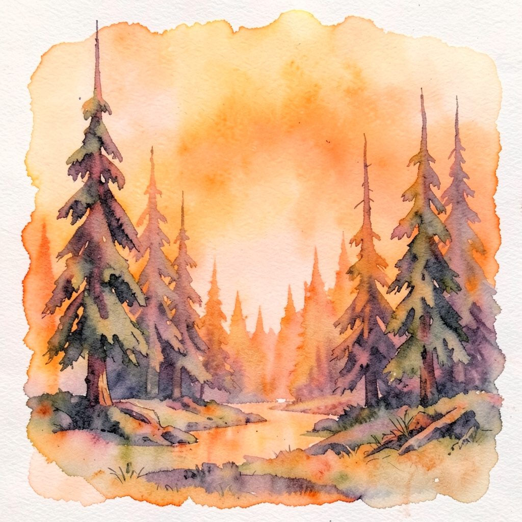 Aquarelle d'une forêt de taïga aux verts et bleus profonds sous une lumière calme